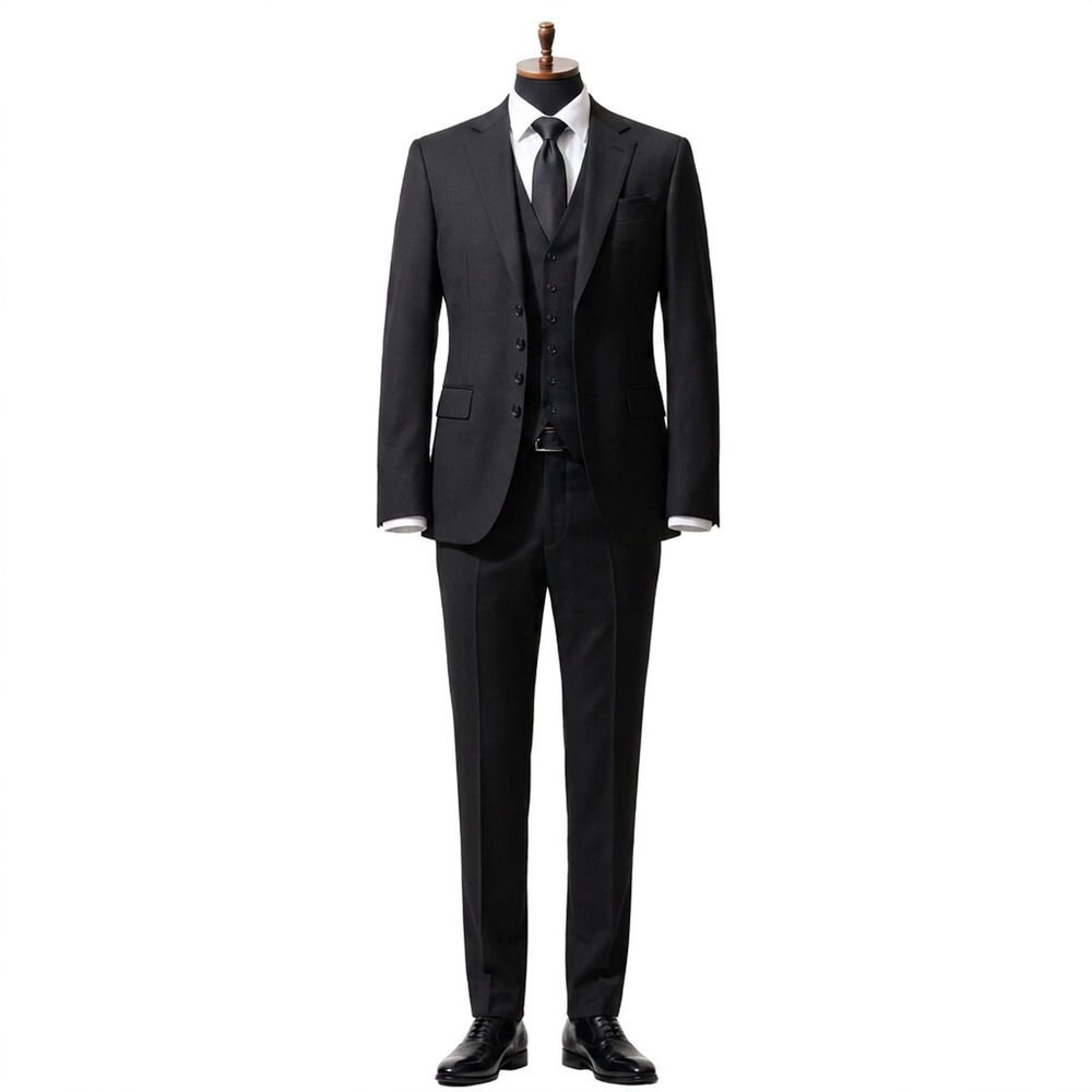 Andre Lanzino Suit Black 3 Piece 100% Virgin Wool Jacket Vest Trousers 46R 40W